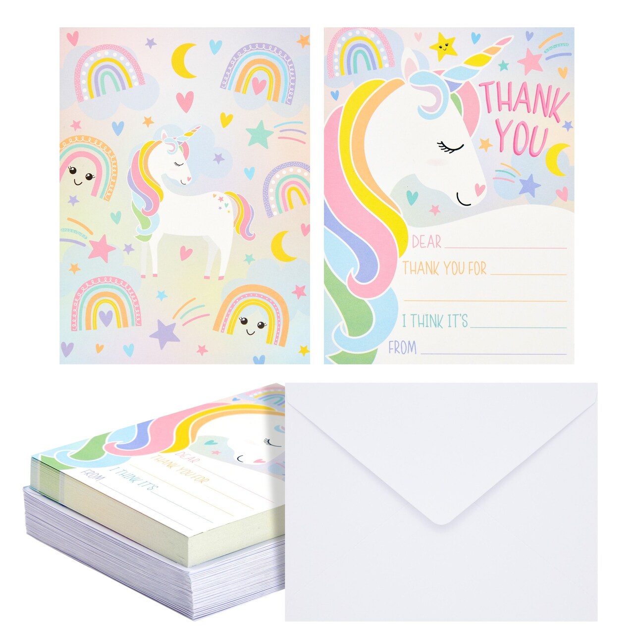 Kids Thank You Cards Unicorn Fill-In-the-Blank - 5.5 x 4.25 in Pink & Violet Cardstock, 36-Pack & Envelopes - Unicorn Birthday Thank You Cards with Prompts
